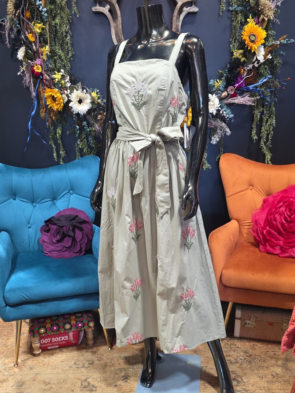 Floral Maxi Dress w/ Embroidered Green & Pink Floral Design